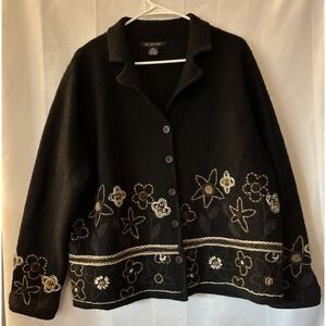 Paraphrase Sweater Cardigan Jacket Women's XL Black Floral 100 Wool Heavy